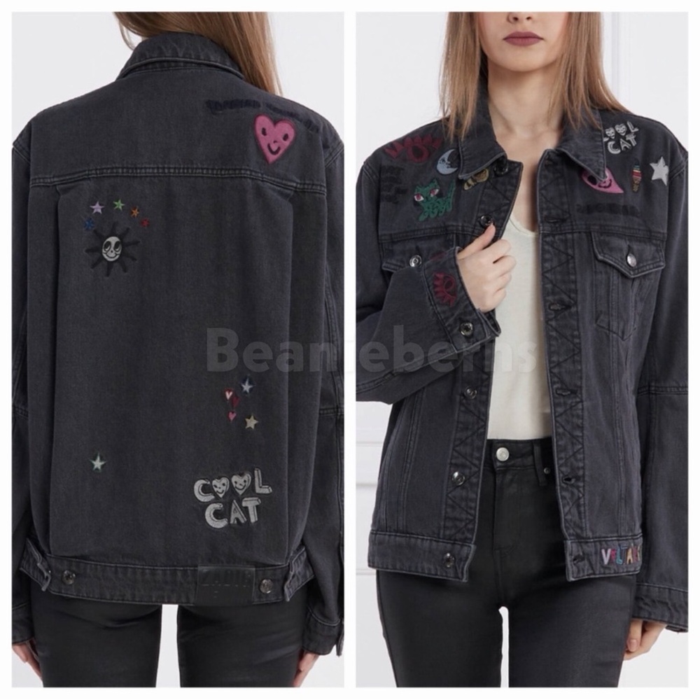 NWOT Zadig & Voltaire Kasy Denim Jean Jacket Dark Gray Patches Size L